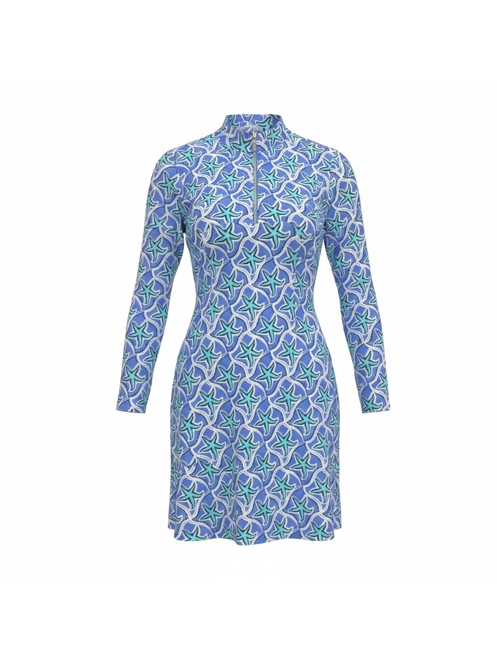Beachtime Lulu B Dress Medium Blue Starfish UPF 50+ Long Sleeve Zip Neck